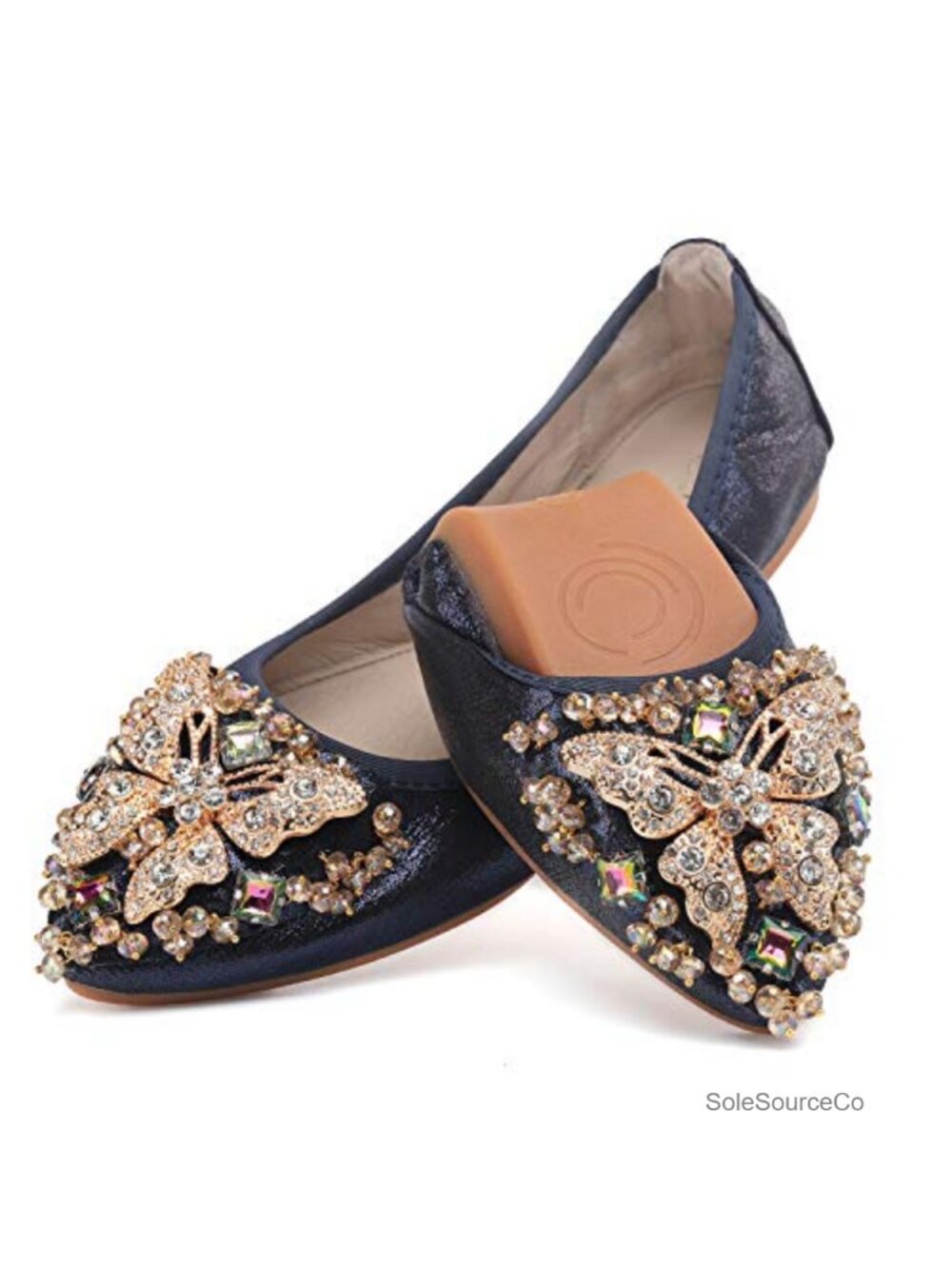 Foldable Rhinestone Ballet Flats Pointed Toe Slip On Wedding Dress Shoes